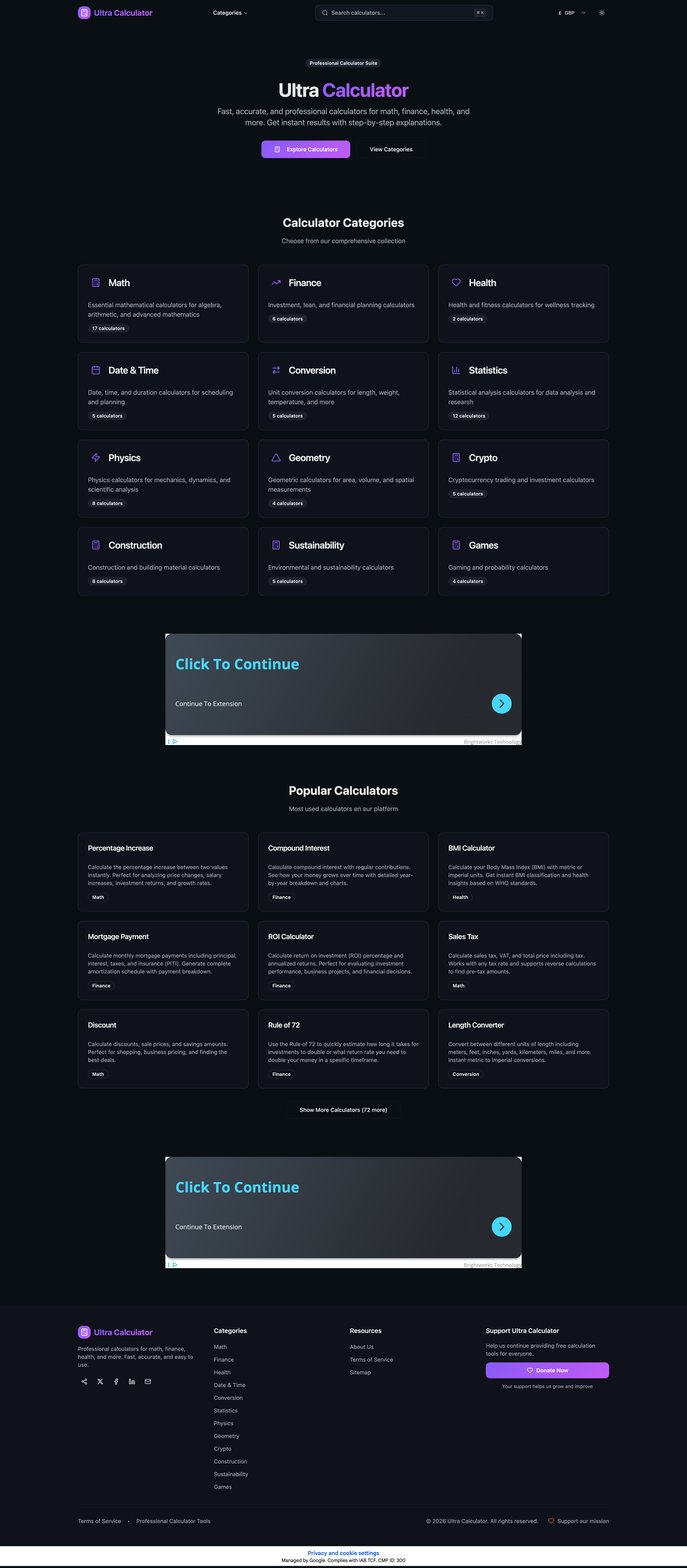 Ultra Calculator web application homepage